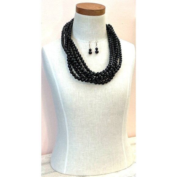 Black Multi-Strand Beaded Necklace & Matching Dangle Earrings Set With Gold-Tone - Picture 5 of 6